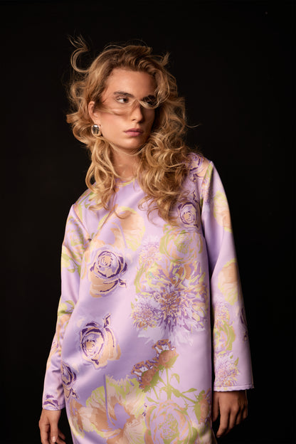 Kleid aus Duchesse-Satin mit exklusivem Print