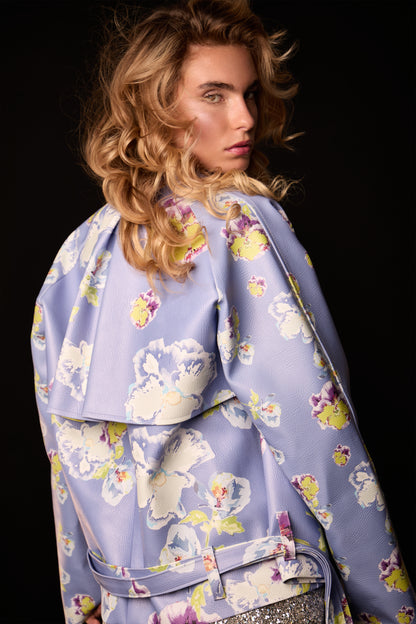 Oversized Jacke aus veganem Leder mit Blumenprint