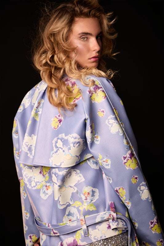 Oversized Jacke aus veganem Leder mit Blumenprint