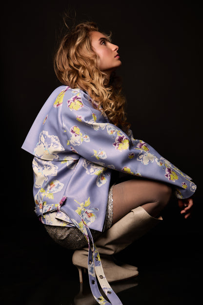 Oversized Jacke aus veganem Leder mit Blumenprint