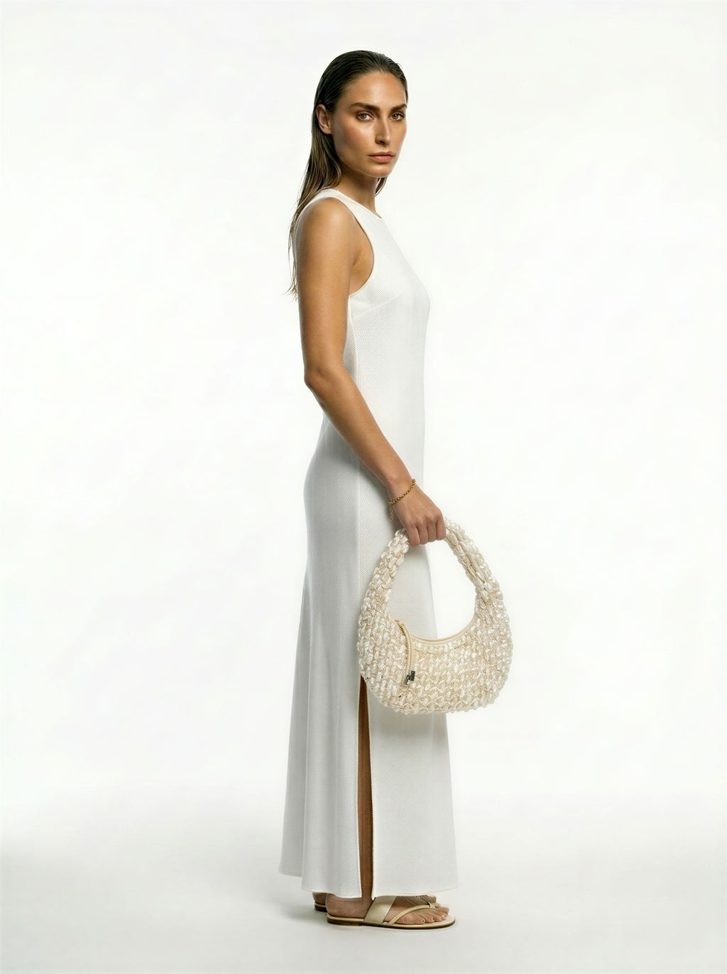 Aloe vera silk dress with herringbone pattern